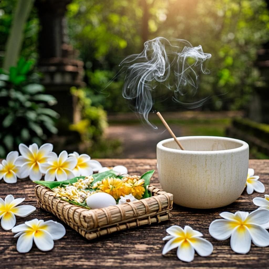 Balinese sacred healing scene with frangipani flowers, offerings, incense and a crystal singing bowl