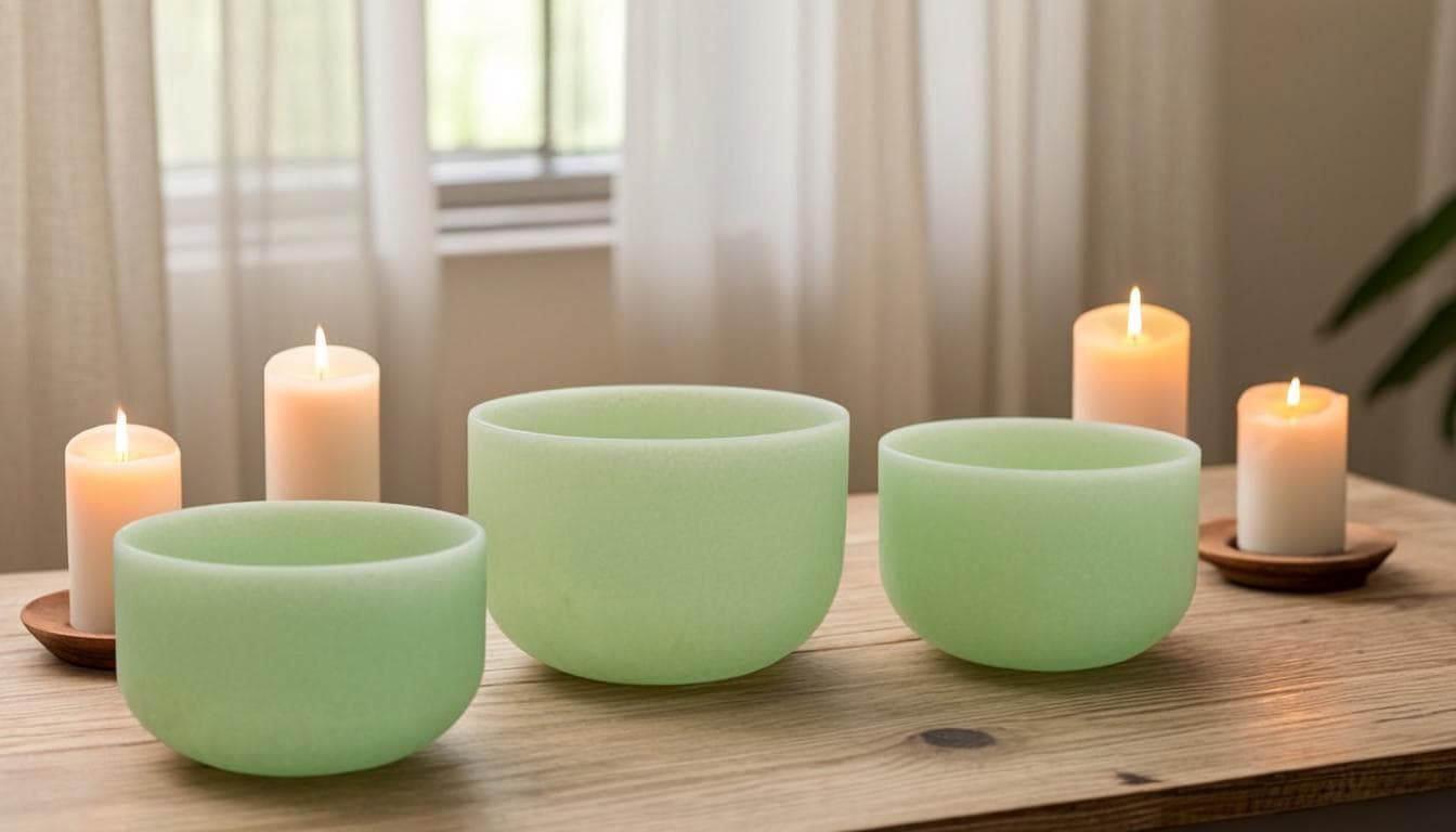 Serene wellness scene with crystal singing bowls and candles in warm sage and cream tones